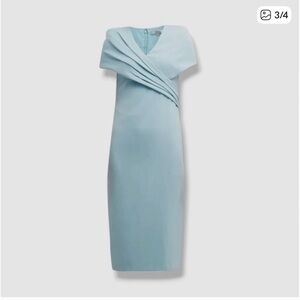 Badgley Mischka Women's Blue Pleated V-Neck Cap Sleeve Sheath Dress. Org $475